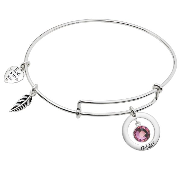 925 Sterling Silver Birthstone October Pink Crystal Charm Adjustable Wire Bangle Bracelet