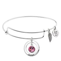 925 Sterling Silver Birthstone October Pink Crystal Charm Adjustable Wire Bangle Bracelet