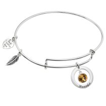 925 Sterling Silver Birthstone November Yellow Crystal Charm Adjustable Wire Bangle Bracelet