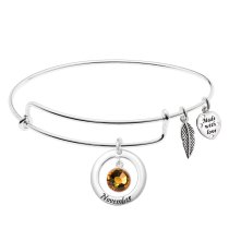 925 Sterling Silver Birthstone November Yellow Crystal Charm Adjustable Wire Bangle Bracelet