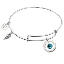 925 Sterling Silver Birthstone December Blue Green Crystal Charm Adjustable Wire Bangle Bracelet