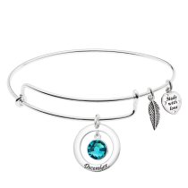 925 Sterling Silver Birthstone December Blue Green Crystal Charm Adjustable Wire Bangle Bracelet