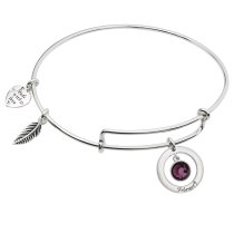 925 Sterling Silver Birthstone February Purple Crystal Charm Adjustable Wire Bangle Bracelet