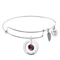925 Sterling Silver Birthstone February Purple Crystal Charm Adjustable Wire Bangle Bracelet