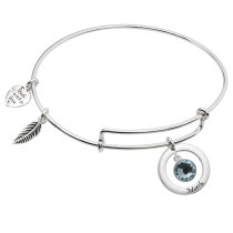 925 Sterling Silver Birthstone March Blue Crystal Charm Adjustable Wire Bangle Bracelet