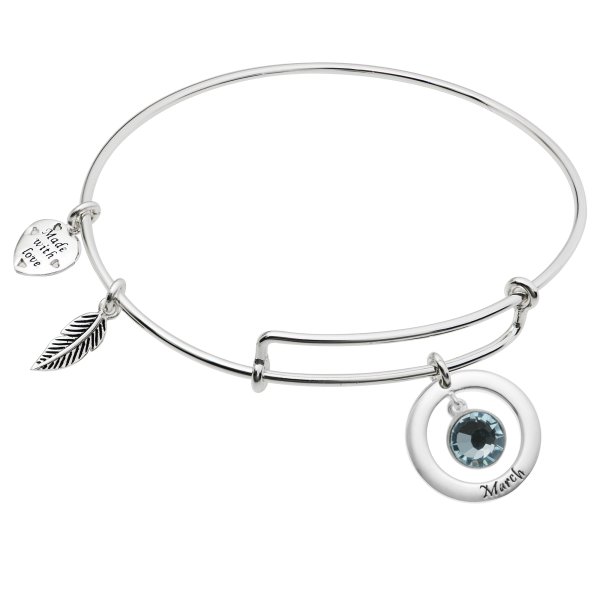 925 Sterling Silver Birthstone March Blue Crystal Charm Adjustable Wire Bangle Bracelet