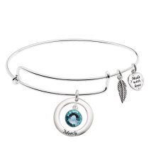 925 Sterling Silver Birthstone March Blue Crystal Charm Adjustable Wire Bangle Bracelet