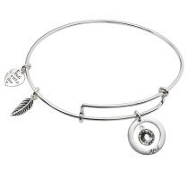 925 Sterling Silver Birthstone April Clear Crystal Charm Adjustable Wire Bangle Bracelet