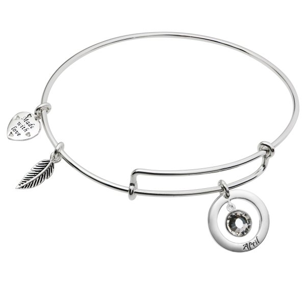 925 Sterling Silver Birthstone April Clear Crystal Charm Adjustable Wire Bangle Bracelet