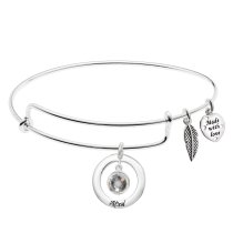 925 Sterling Silver Birthstone April Clear Crystal Charm Adjustable Wire Bangle Bracelet