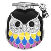 Rhodium on 925 Sterling Silver Owl Bird Graduation Enamel Bead for European Charm Bracelets Made with Swarovski Crystals