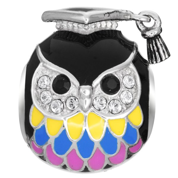 Rhodium on 925 Sterling Silver Owl Bird Graduation Enamel Bead for European Charm Bracelets Made with Swarovski Crystals