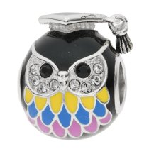 Rhodium on 925 Sterling Silver Owl Bird Graduation Enamel Bead for European Charm Bracelets Made with Swarovski Crystals
