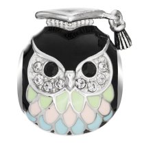 Rhodium on 925 Sterling Silver Owl Bird Graduation Enamel Bead for European Charm Bracelets Made with Swarovski Crystals