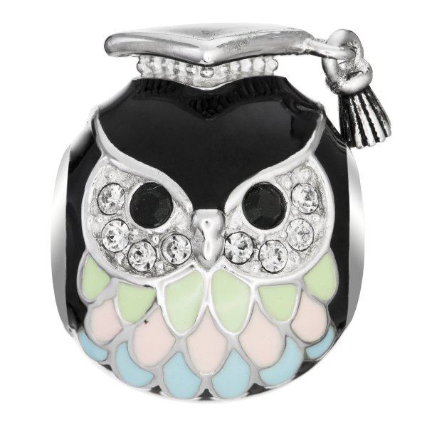 Rhodium on 925 Sterling Silver Owl Bird Graduation Enamel Bead for European Charm Bracelets Made with Swarovski Crystals