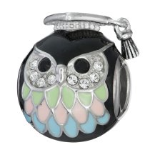 Rhodium on 925 Sterling Silver Owl Bird Graduation Enamel Bead for European Charm Bracelets Made with Swarovski Crystals