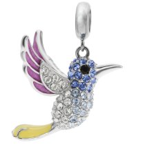Rhodium on 925 Sterling Silver Hummingbird Enamel Dangle for European Charm Bracelets Made with Swarovski Crystals