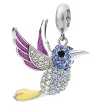 Rhodium on 925 Sterling Silver Hummingbird Enamel Dangle for European Charm Bracelets Made with Swarovski Crystals