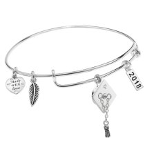 925 Sterling Silver Graduation Hat 2018 Made with Love Heart Feather Dangle Charm Adjustable Wire Bangle Bracelet