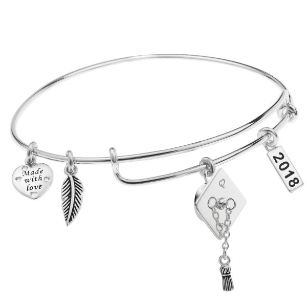 925 Sterling Silver Graduation Hat 2018 Made with Love Heart Feather Dangle Charm Adjustable Wire Bangle Bracelet