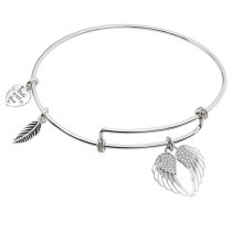 Rhodium on 925 Sterling Silver Angel Wing Clear CZ Heart Feather Dangle Charm Adjustable Wire Bangle Bracelet