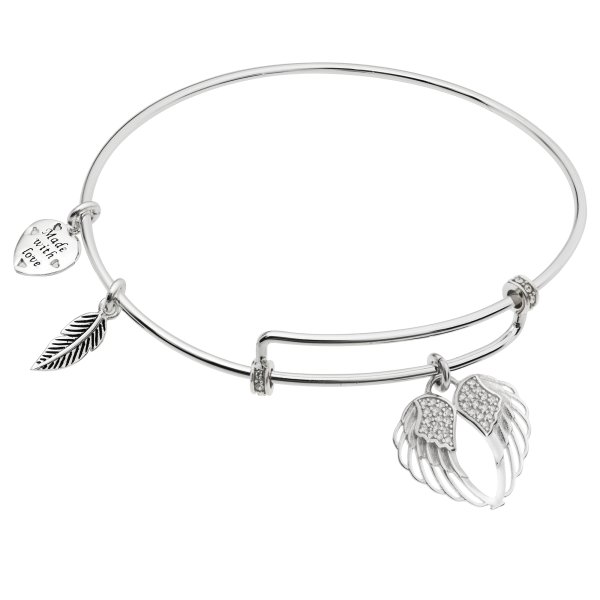 Rhodium on 925 Sterling Silver Angel Wing Clear CZ Heart Feather Dangle Charm Adjustable Wire Bangle Bracelet