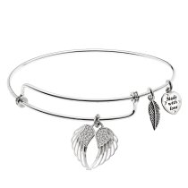 Rhodium on 925 Sterling Silver Angel Wing Clear CZ Heart Feather Dangle Charm Adjustable Wire Bangle Bracelet