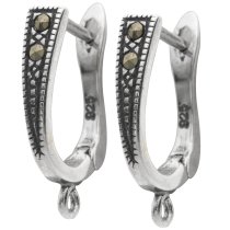 2x Antique 925 Sterling Silver Marcasite Ear Wire Hinge Post Earrings with Open Ring