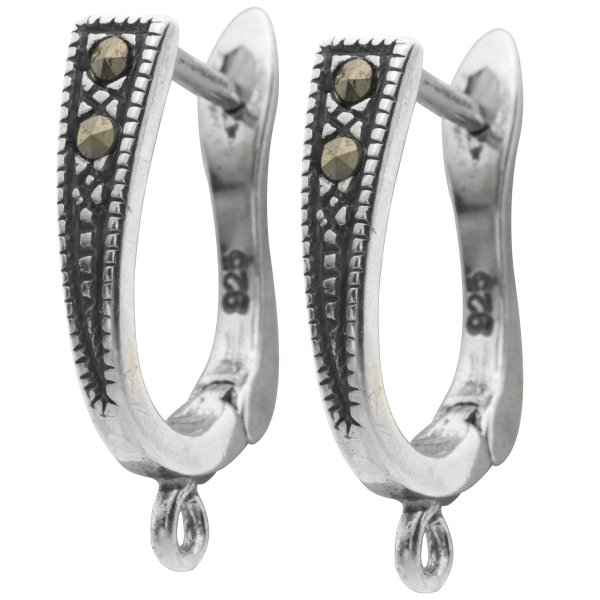 2x Antique 925 Sterling Silver Marcasite Ear Wire Hinge Post Earrings with Open Ring