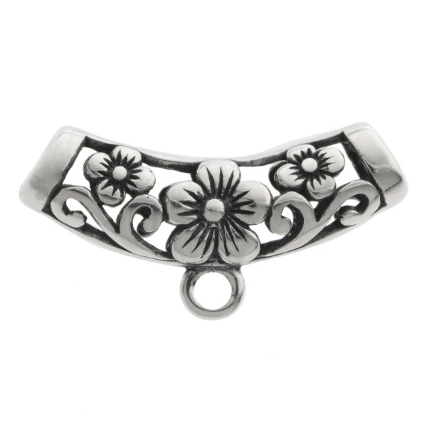 Antique 925 Sterling Silver Blossom Flower Leaf Curved Tube Pendant Connector Slide Bail
