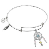 Rhodium on 925 Sterling Silver Dream Catcher CZ Dangle Charm Adjustable Wire Bangle Bracelet