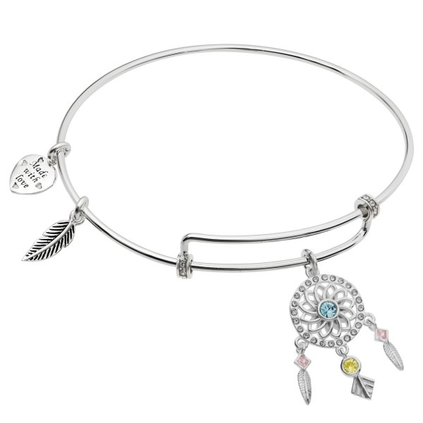 Rhodium on 925 Sterling Silver Dream Catcher CZ Dangle Charm Adjustable Wire Bangle Bracelet