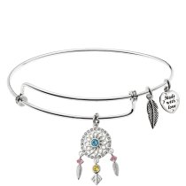 Rhodium on 925 Sterling Silver Dream Catcher CZ Dangle Charm Adjustable Wire Bangle Bracelet