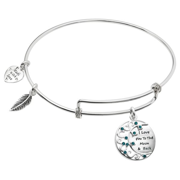 Rhodium on 925 Sterling Silver I Love You to the Moon and Back CZ Charm Adjustable Wire Bangle Bracelet