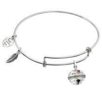 Rhodium on 925 Sterling Silver Jingle Bell CZ Dangle Charm Adjustable Wire Bangle Bracelet