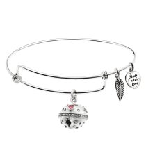 Rhodium on 925 Sterling Silver Jingle Bell CZ Dangle Charm Adjustable Wire Bangle Bracelet