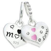 925 Sterling Silver Mom & Daughter Pink Enamel Love Heart CZ Dangle Bead for European Charm Bracelets
