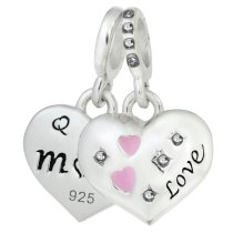 925 Sterling Silver Mom & Daughter Pink Enamel Love Heart CZ Dangle Bead for European Charm Bracelets