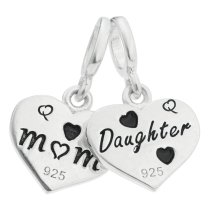 925 Sterling Silver Mom & Daughter Pink Enamel Love Heart CZ Dangle Bead for European Charm Bracelets