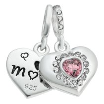 925 Sterling Silver Mom & Daughter Love Heart CZ Dangle Bead for European Charm Bracelets