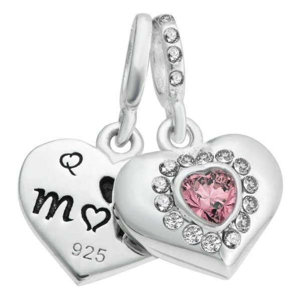925 Sterling Silver Mom & Daughter Love Heart CZ Dangle Bead for European Charm Bracelets