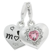 925 Sterling Silver Mom & Daughter Love Heart CZ Dangle Bead for European Charm Bracelets