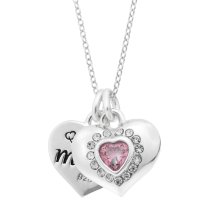 Rhodium on 925 Sterling Silver Mom & Daughter Love Heart CZ Dangle Charm Chain Necklace 16"+2" Extender