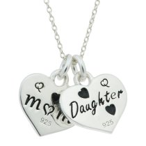 Rhodium on 925 Sterling Silver Mom & Daughter Love Heart CZ Dangle Charm Chain Necklace 16"+2" Extender