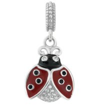 1x 925 Sterling Silver Lady Bug Enamel CZ Crystal Dangle Bead for European Charm Bracelets