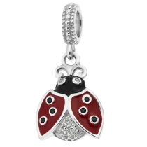 1x 925 Sterling Silver Lady Bug Enamel CZ Crystal Dangle Bead for European Charm Bracelets