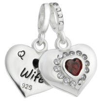 1x 925 Sterling Silver Husband & Wife Love Heart Red CZ Dangle Bead for European Charm Bracelets