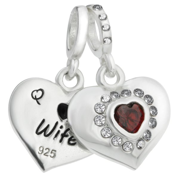 1x 925 Sterling Silver Husband & Wife Love Heart Red CZ Dangle Bead for European Charm Bracelets