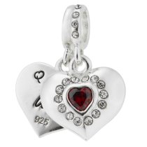 1x 925 Sterling Silver Husband & Wife Love Heart Red CZ Dangle Bead for European Charm Bracelets