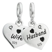 1x 925 Sterling Silver Husband & Wife Love Heart Red CZ Dangle Bead for European Charm Bracelets
